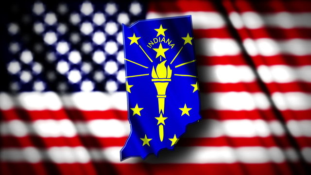 Flag of Indiana in the shape of Indiana state with the USA flag 