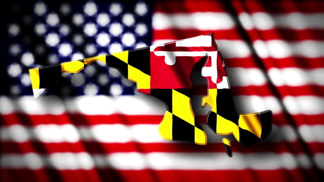 Flag of Maryland in the shape of Maryland state with the USA fla