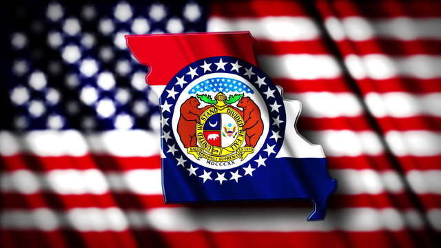 Flag of Missouri in the shape of Missouri state with the USA fla