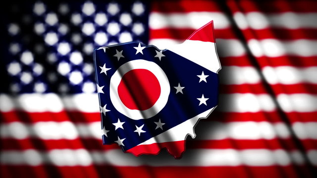 Flag of Ohio in the shape of Ohio state with the USA flag in the