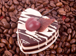 Coffee beans and chocolate cake