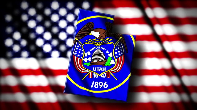 Flag of Utah in the shape of Utah state with the USA flag in the