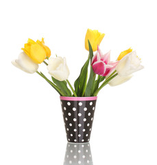 Beautiful tulips in vase isolated on white