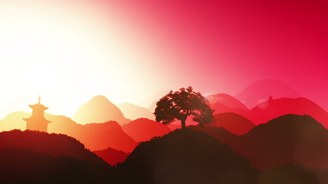Magical Oriental Sunset over Mountains  Leaves on hillside plant