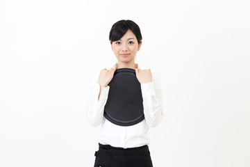 a portrait of asian waitress on white background