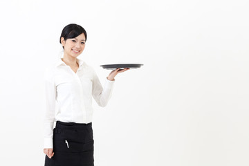 a portrait of asian waitress on white background