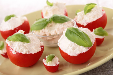 fresh appetizer, suffed tomato with cheese