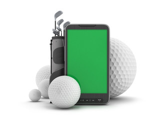 Golf equipment and cell phone on white background