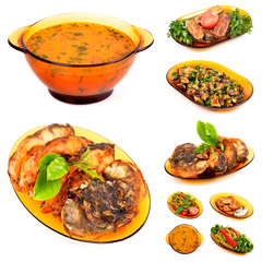 cooked lunch menu of soup, fish, peppers,