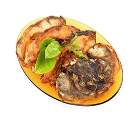 dish of fried fish isolated on white background