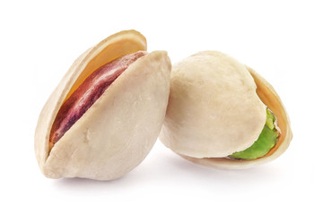Pistachio nuts, fruits isolated on white background