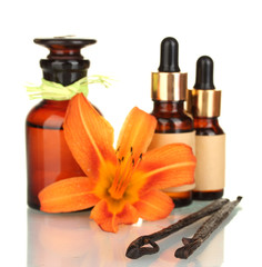 Vanilla pods with essential oil isolated on white