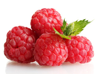 ripe raspberries with mint  isolated on white