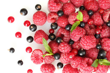 ripe berries with mint, isolated on white.