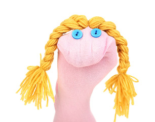 Cute sock puppet isolated on white