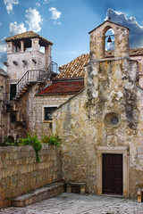 Fototapeta premium Church and Marco Polo tower in Korcula. Croatia.