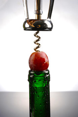 korkociąg i winogrono w butelce