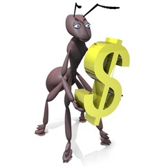 3D rendered ant figure holding dollar sign