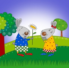Naklejki  Rabbits in love. Cartoon characters.