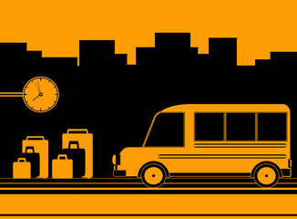 Obraz na płótnie Canvas tła miejskiego z dworca autobusowego i podróży symbol zegara