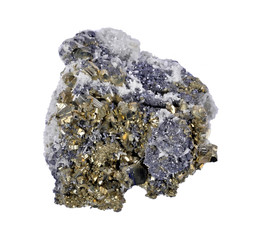 Pyrites druse with galena, calcite, quartz,a white background