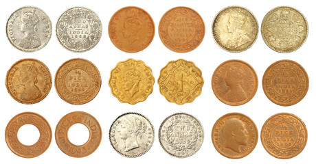 Collection of old Indian coins of British colonial regime