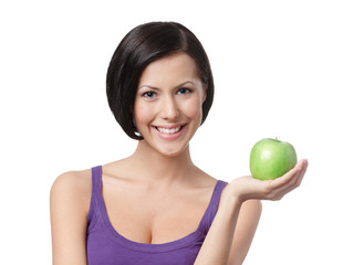 Pretty young lady with green apple, isolated, white background
