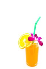 orange juice with orchid on white paper