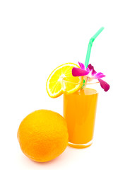 orange juice with orchid on white paper