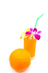 orange juice with orchid on white paper