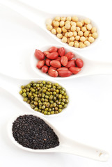 cereal in spoon on a white background.