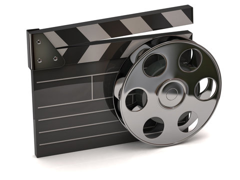 Movie clapper board and film reel
