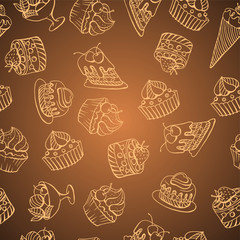 Vector background with of cake in retro style. Seamless pattern.