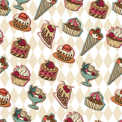 Vector background with of cake in retro style. Seamless pattern.