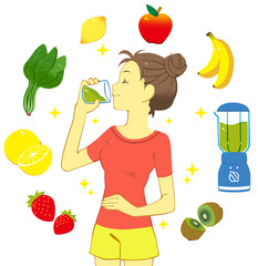 スムージーを飲む女性(白背景)