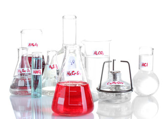 Test-tubes with various acids and chemicals  isolated on white