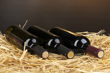 Bottles of great wine on hay on brown background