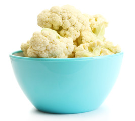 Fresh cauliflower in bright bowl isolated on white