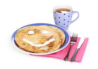 Stack of tasty pancakes isolated on white