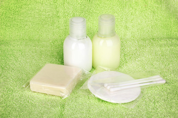 Hotel amenities kit on towel