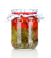 Jar with canned tomatoes isolated on white