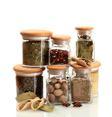 Aluminium Prints Herbs 2 jars and wooden spoons with spices isolated on white