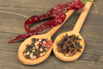 wooden spoons with spices and peppers on wooden table