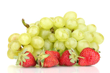ripe sweet grapes and strawberries isolated on white