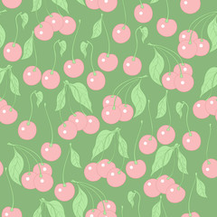 seamless pattern with cherries on a green background