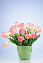 Bunch of pink tulips in a vase isolated on white background