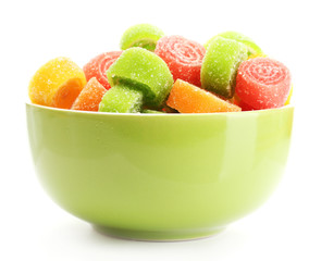 colorful jelly candies in bowl isolated on white.