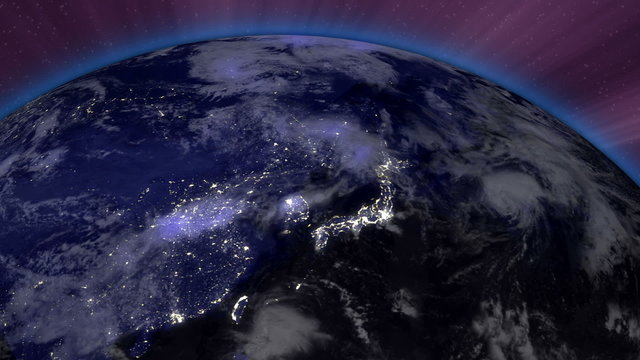 Earth from Space Lightstreaks over Far East view from outer spac