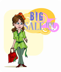 young girl standing holding bag on big sale event