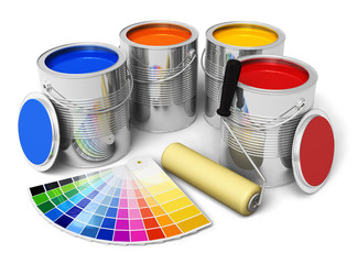 Cans with color paint, roller brush and color guide